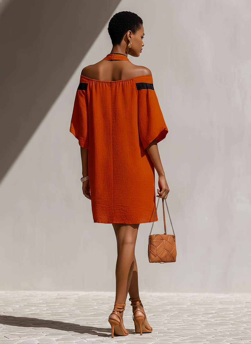 Women’s Orange Off-Shoulder Mini Dress With Black Bow Neck Detail MDZ1340E3T