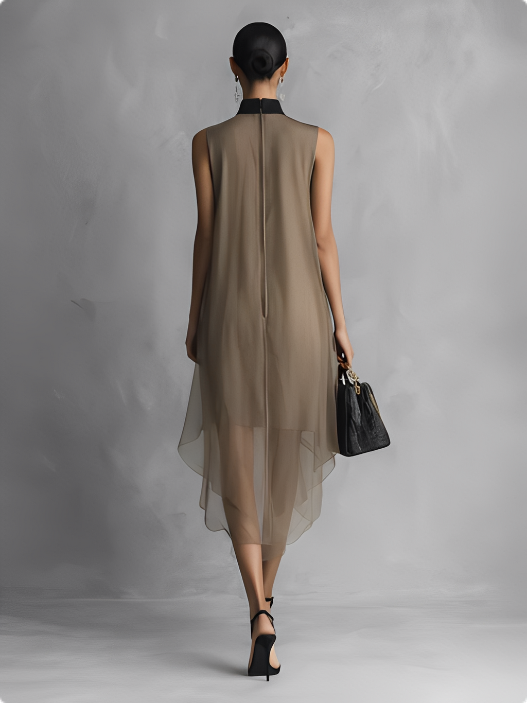Women's Light Luxury Khaki And Brown Color-blocked Chiffon Sleeveless Dress MDZ1535A7BA