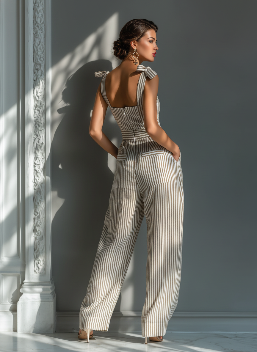Women's Beige & White Striped Linen-Blend Jumpsuit With Square Neck & Tie Straps MDZ2733B8T