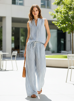 Women's Casual Blue And White Striped Woven Sleeveless V-Neck Top With Trousers MDZ2940D8LXY