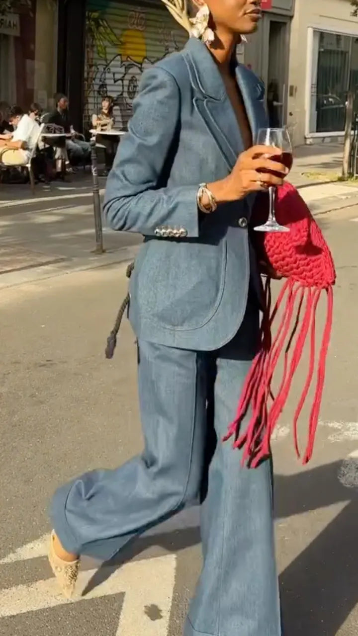 Denim Blazer & Flared Trouser Suit Set