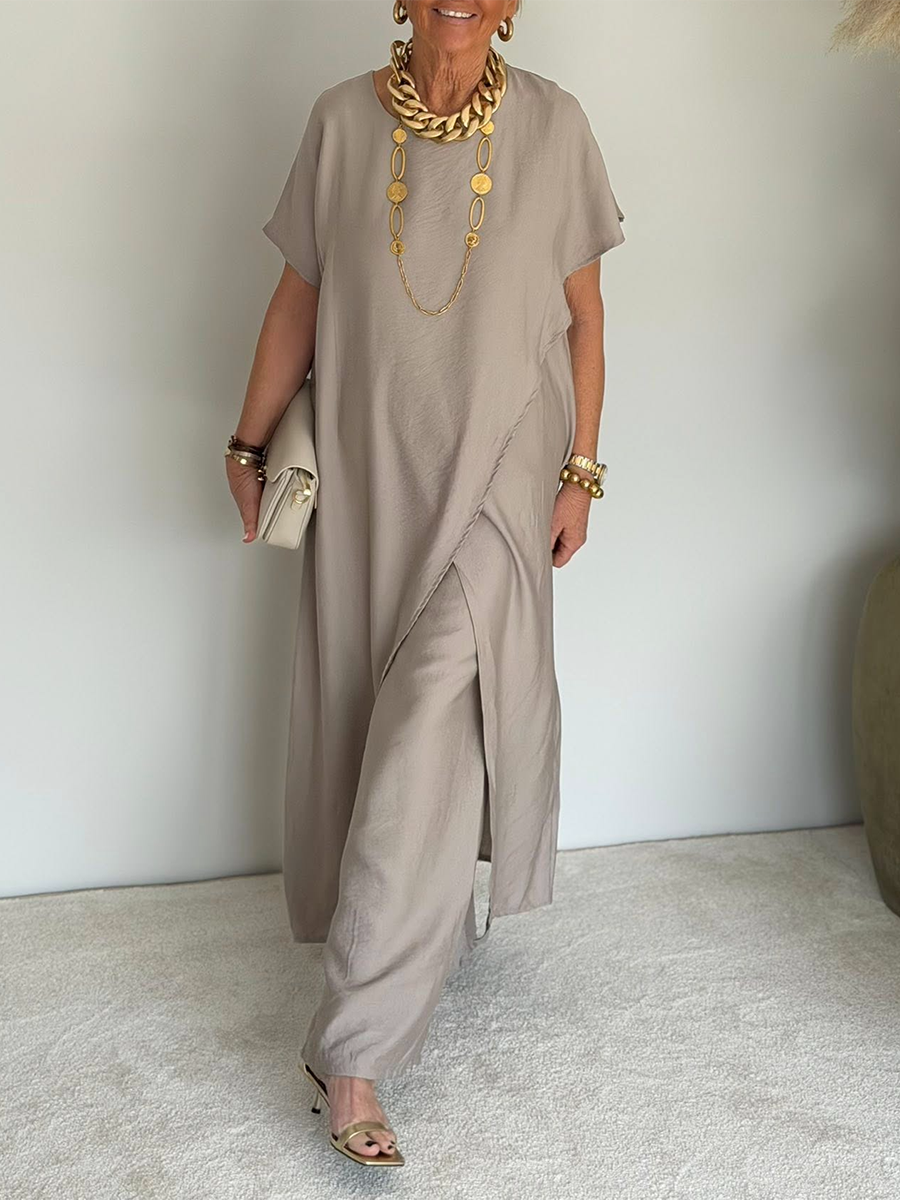Women's Cozy Loose Fit Asymmetrical Two-Piece Set - Casual Retro Cotton Blend Outfit