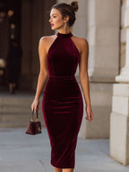 Rich Burgundy Velvet Halter-Neck Bodycon Midi Dress