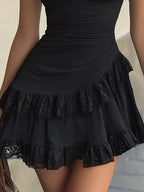 Black Lace V Neck Ruffle Hem Mini Dress