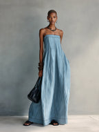 Women's Casual Blue Cotton-linen Sleeveless Camisole Maxi Dress MDZ1660F0LXY