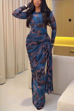 Women Round Neck Printed Waist Cinching Elegant Temperament Dress