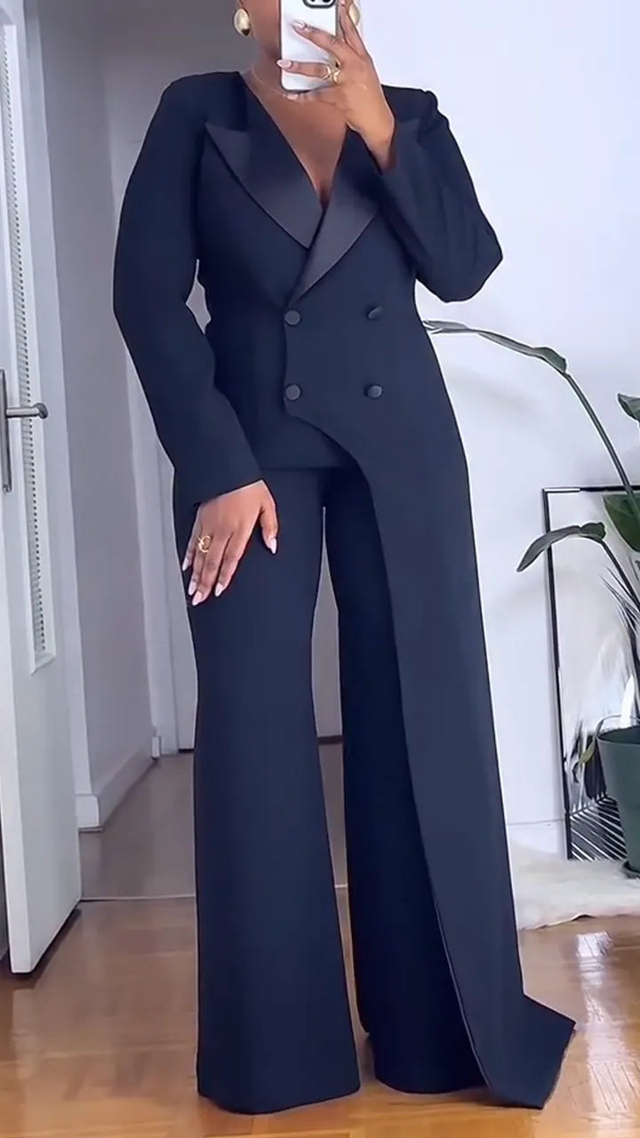 Women Collar Irregular Jacket + Pants Solid Color Temperament Commuting Suit