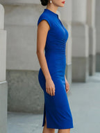 Mandarin-Collar Ruched-Waist Midi Pencil Dress