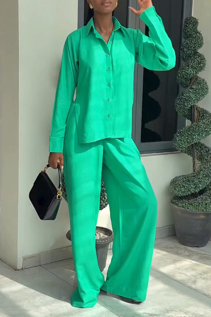 Women Collar Side Slit Shirt + Wide Leg Pants Casual Set