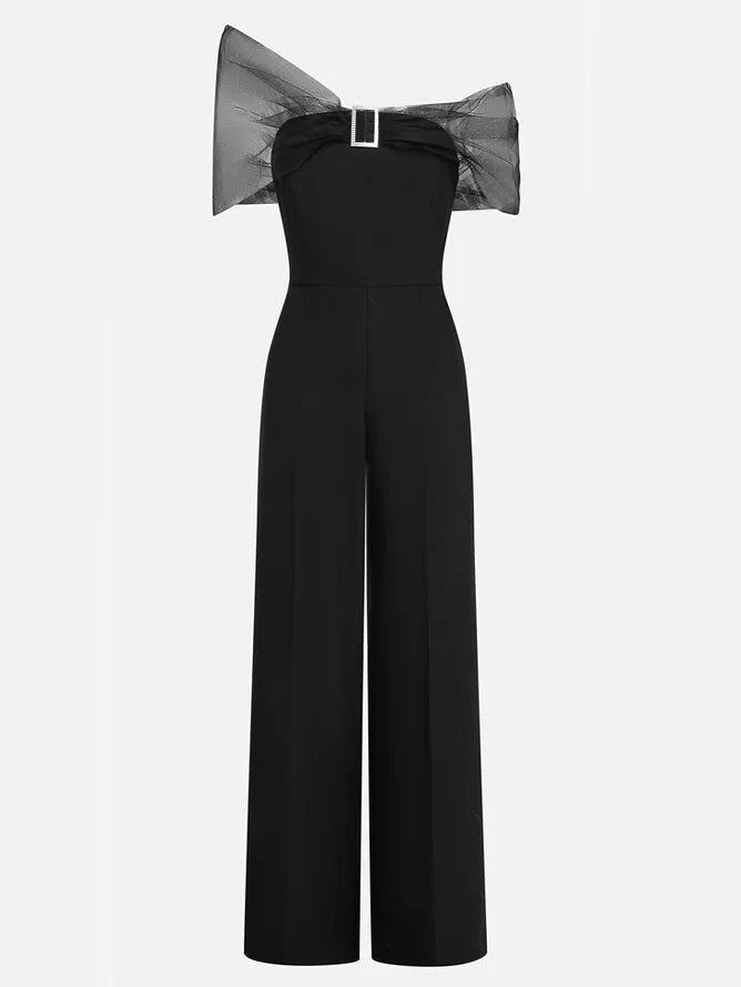 Women Black Mesh Rhinestone V Neck Short Sleeve Elegant Jumpsuit