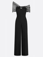 Women Black Mesh Rhinestone V Neck Short Sleeve Elegant Jumpsuit