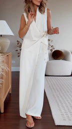 White Sleeveless Wrap Tie Vest & Wide Leg Pant 2 Piece Set