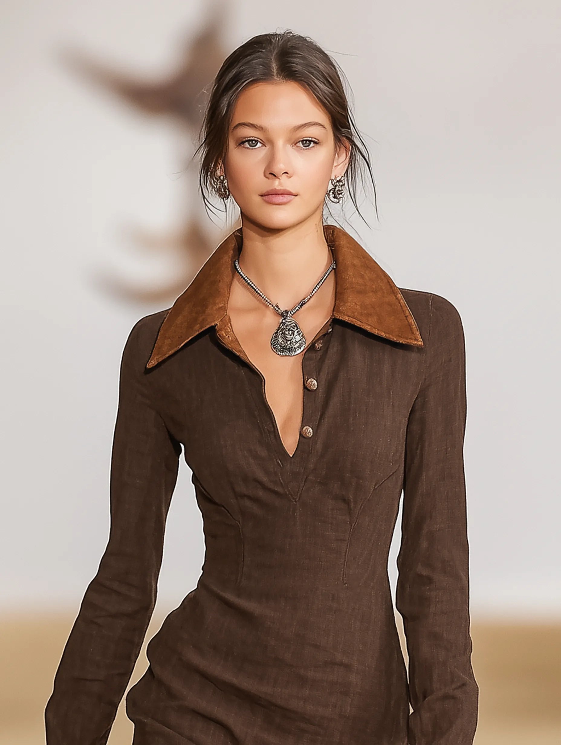 Women's Minimalist Color-Block Linen-Blend Long-Sleeve Mini Dress With Collar MDZ1524F9WY