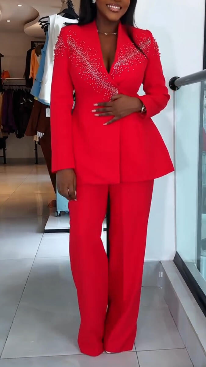 Women V-neck Hot Diamond Blazer + Pants Temperament Commuting Suit