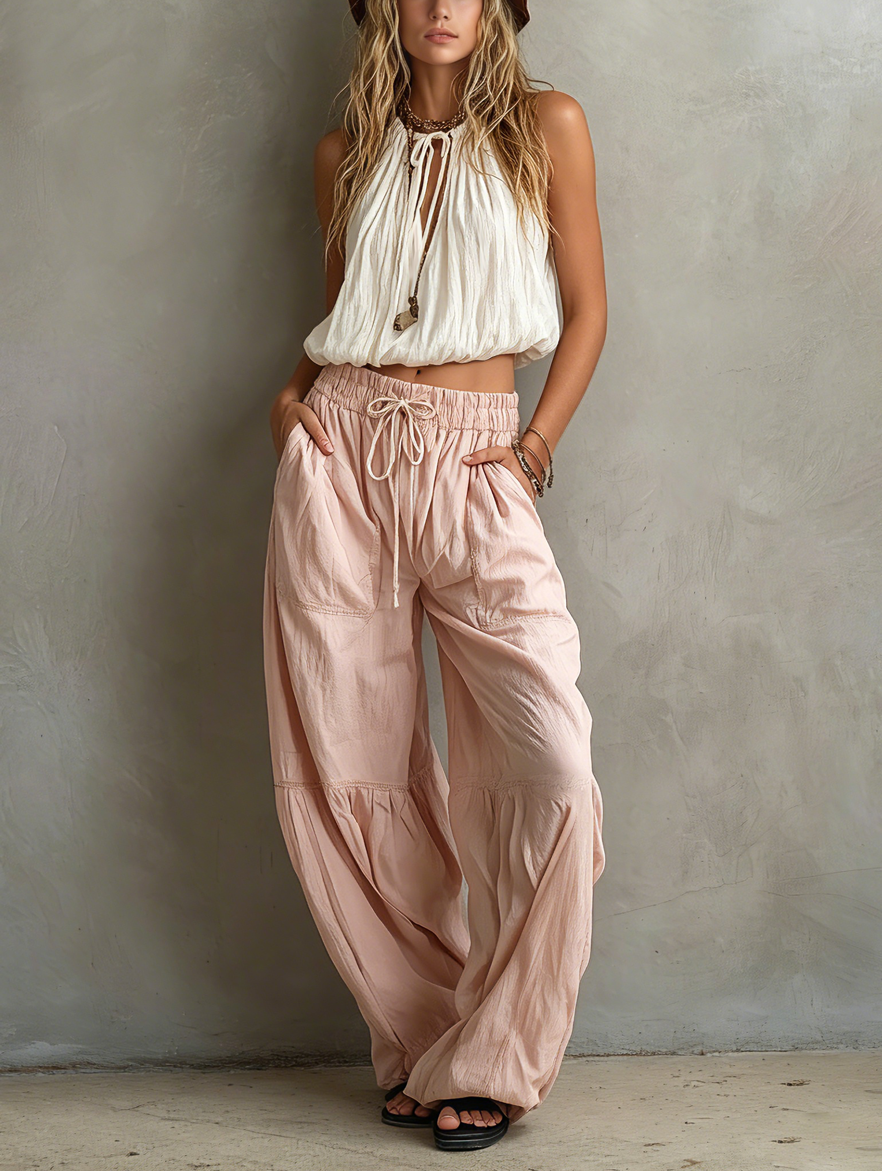 Women's Casual White Woven Sleeveless Round-neck Top Paired With Pink Woven Trousers MDZ1268F0LXY
