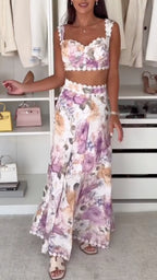 Purple Floral Lace Trim Cami Crop & Skirt 2 Piece Set