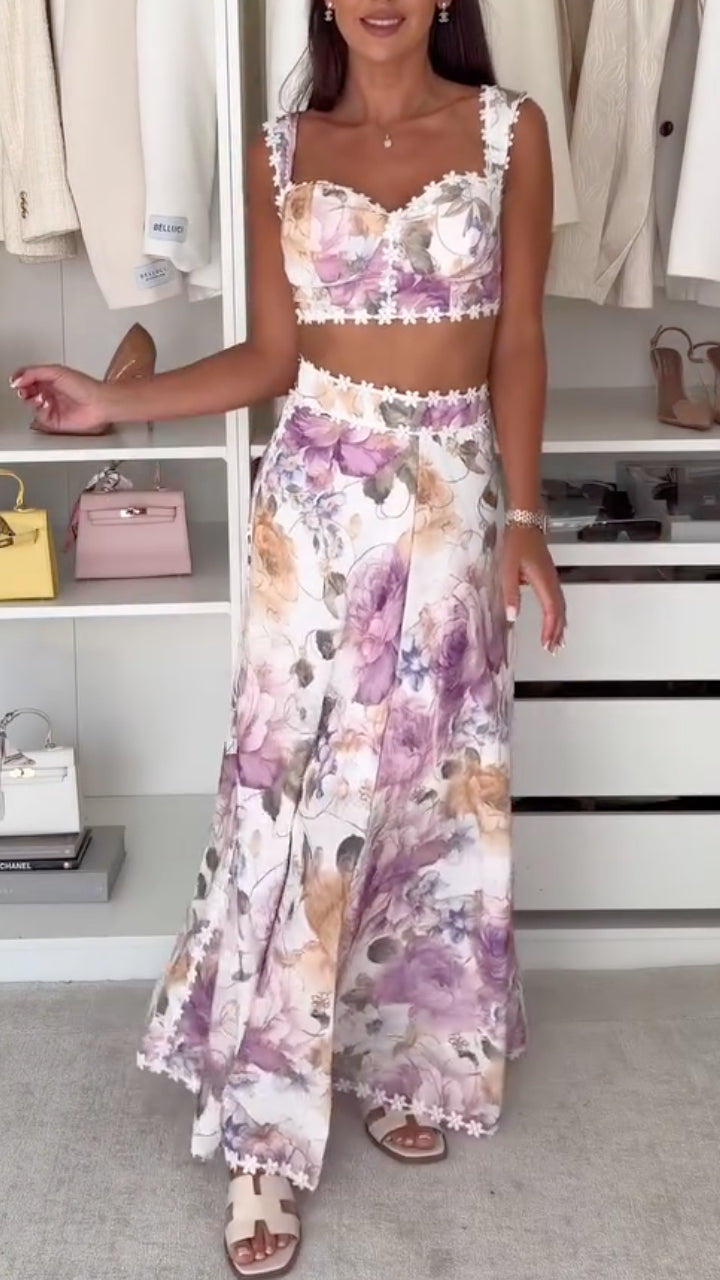 Purple Floral Lace Trim Cami Crop & Skirt 2 Piece Set