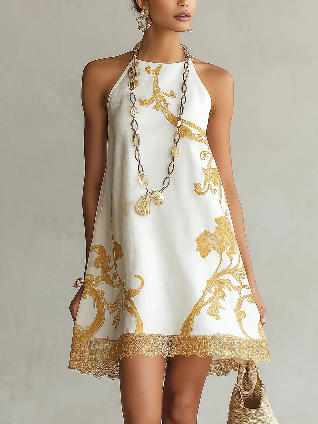 White Gold Printed Lace Trim Mini Dress