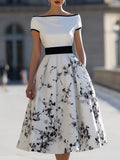 Elegant White Black Ink Floral Print Boat Neck Flared Midi Dress