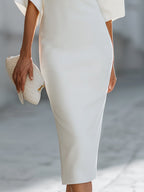 White Boat Neck Batwing Sleeve Midi Pencil Dress