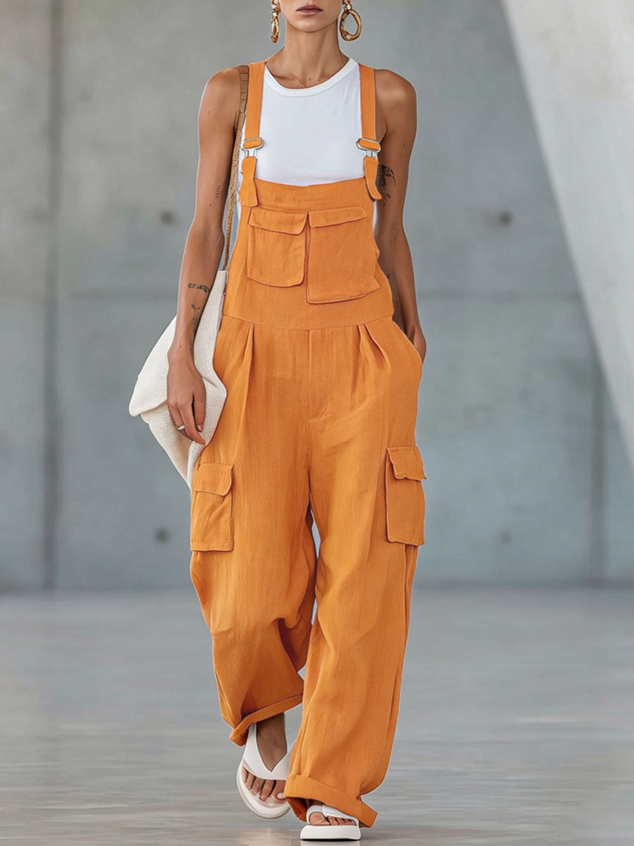Orange Cotton-linen Multi-pocket Wide-leg Overalls