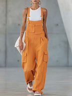 Orange Cotton-linen Multi-pocket Wide-leg Overalls