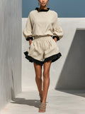 Women’s Beige Linen-Blend Contrast Ruffle Trim Long Sleeve Blouse & High-Waisted Ruffle Hem Shorts Two-Piece Set MDZ1018D0T