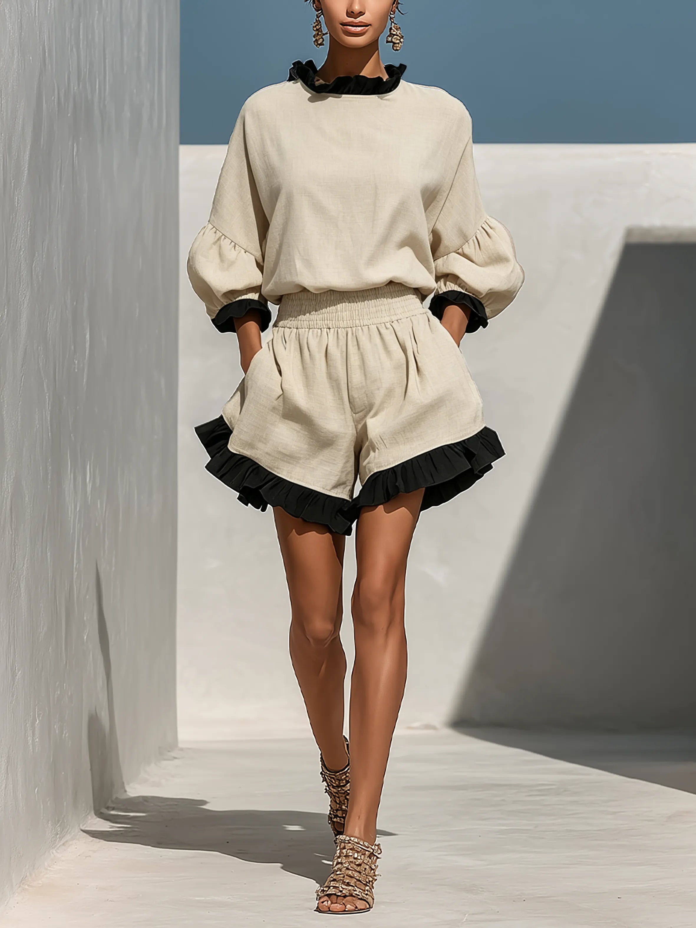 Women’s Beige Linen-Blend Contrast Ruffle Trim Long Sleeve Blouse & High-Waisted Ruffle Hem Shorts Two-Piece Set MDZ1018D0T