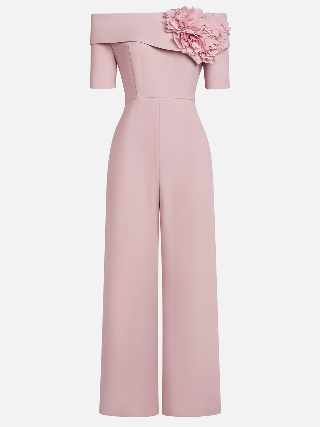 Women Pink 3D Floral Off The Shoulder Short Sleeve Dressy Jumpsuit