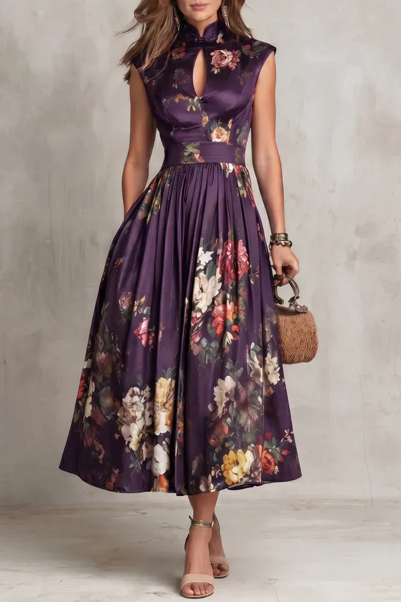 Black Keyhole Collar Floral Pleated Satin Midi Dress