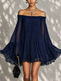 Navy Off-shoulder Ruffled Bell Sleeve Mini Dress