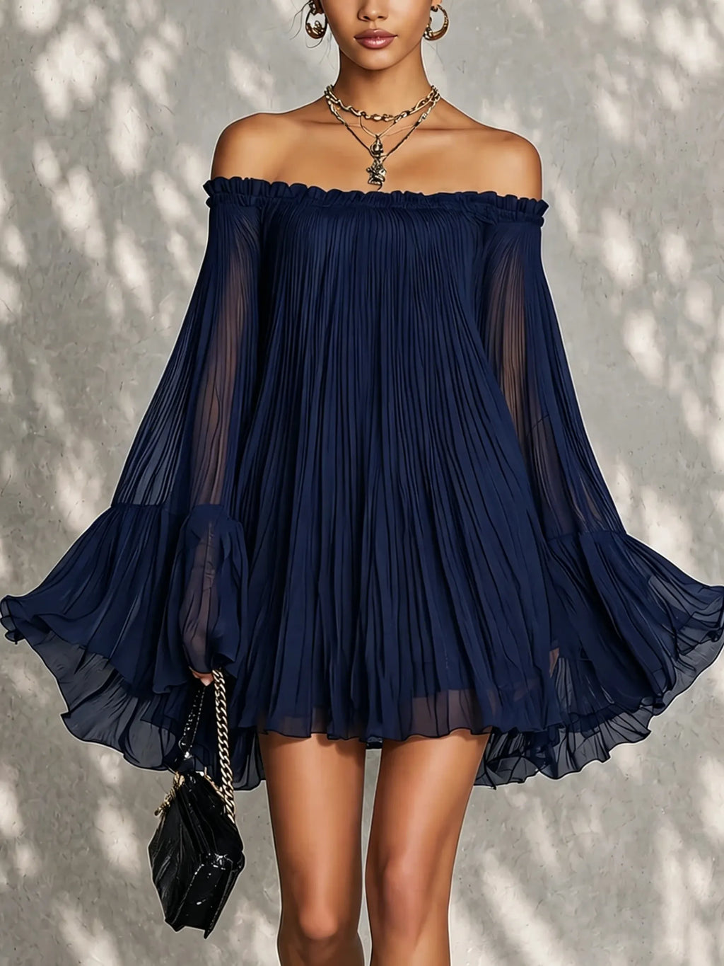 Navy Off-shoulder Ruffled Bell Sleeve Mini Dress