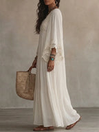 White Lace V-neck Batwing Sleeve Chiffon Maxi Dress