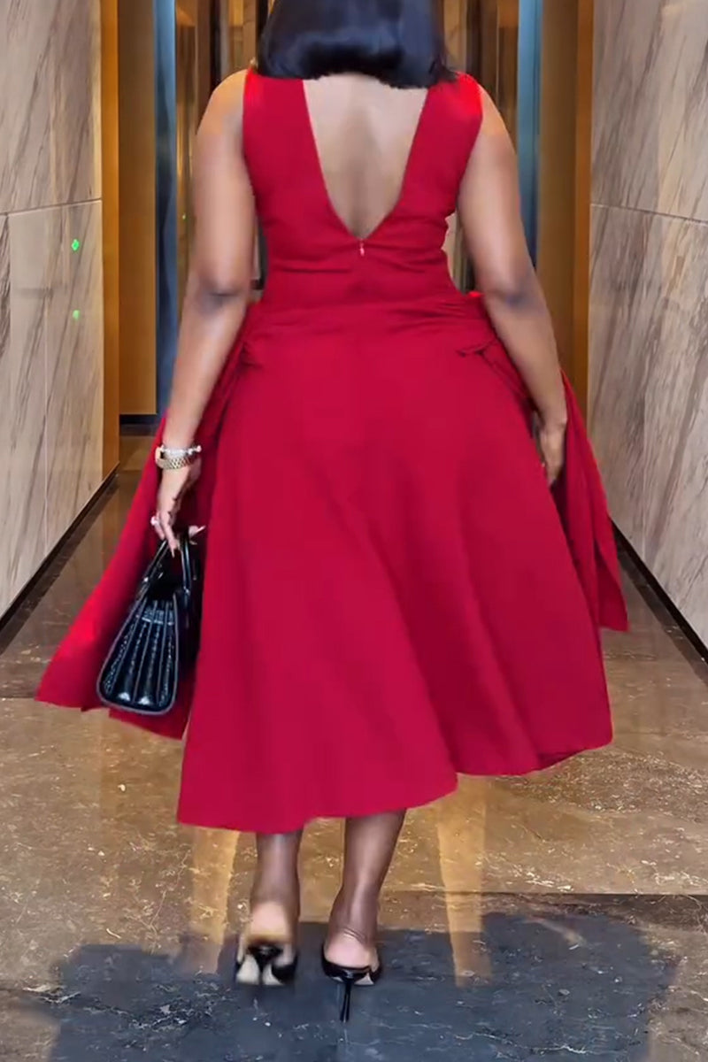 Women's Elegant Side-Tie Cutout-Neckline Midi Dress