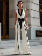 Contrast Trim Belted Wide-Leg Jumpsuit