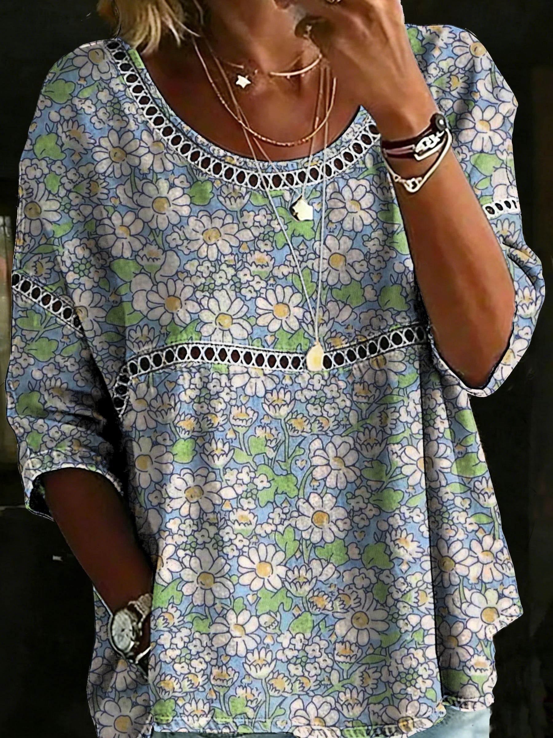 Women's Vintage Flower Casual Loose Denim Blouse Shirt