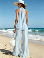 Vacation Light Blue Chiffon Sleeveless Top And Striped Wide-leg Pants Set