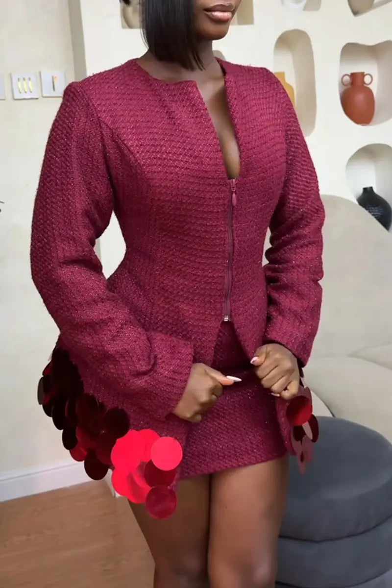 Women Round Neck Half Zipper Patchwork Sequin Jacket+ Half Skirt Temperament Commuting Formal Suit