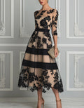Black Floral Lace 3/4 Sleeve Band Nude Lining A-Line Midi Dress
