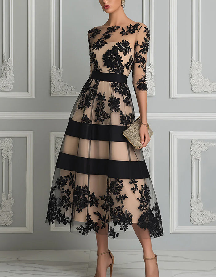Black Floral Lace 3/4 Sleeve Band Nude Lining A-Line Midi Dress