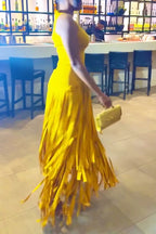 Women's Fashion Party Asymmetric Neckline Fringe Midi Dress