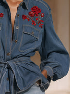 Casual Western Rose Embroidered Blue Denim Jacket
