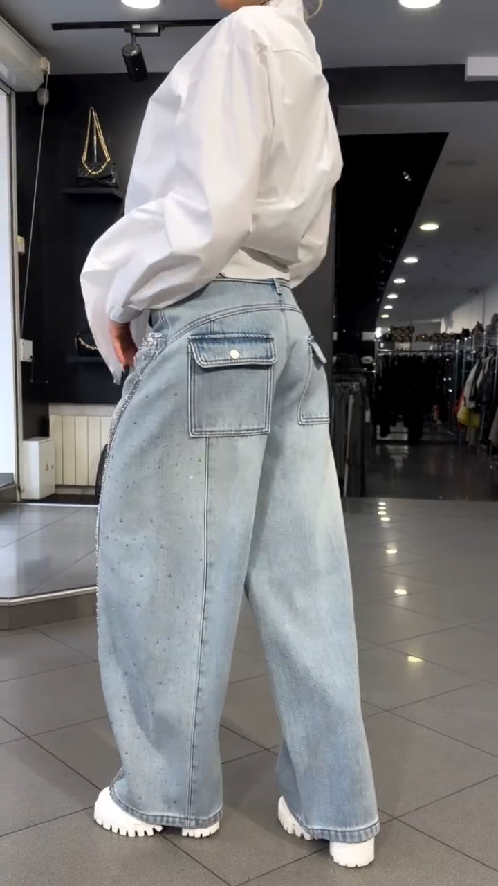 White Rhinestone Shirt Rhinestone Wide Leg Jeans Set