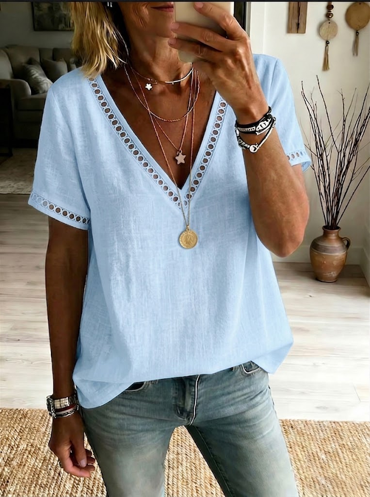 Casual Linen Top With Spliced cutout Webbing Detail