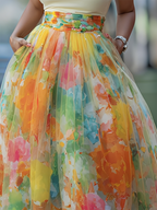 Artistic Watercolor Print Mesh-paneled Skirt