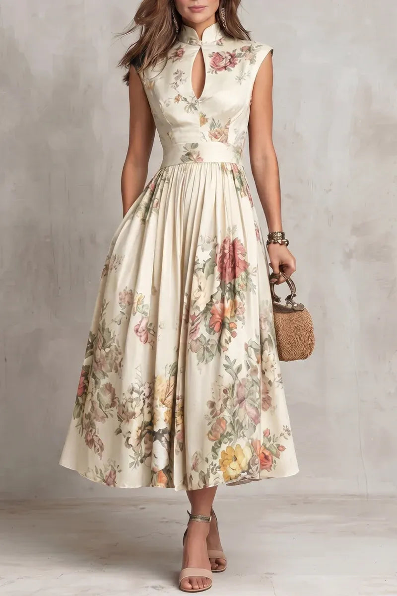 Black Keyhole Collar Floral Pleated Satin Midi Dress
