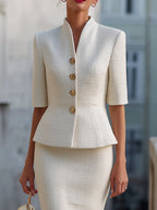 White Tweed Stand Collar Peplum Blazer & Midi Pencil Skirt Two-Piece Suit