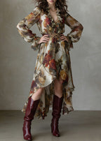Romantic Floral Print V-Neck Ruffled Chiffon Maxi Dress