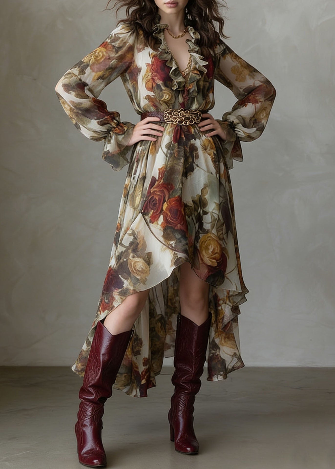 Romantic Floral Print V-Neck Ruffled Chiffon Maxi Dress