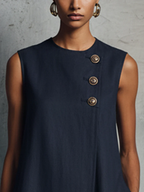 Navy Blue Round Neck Diagonal Button Sleeveless Mini Dress